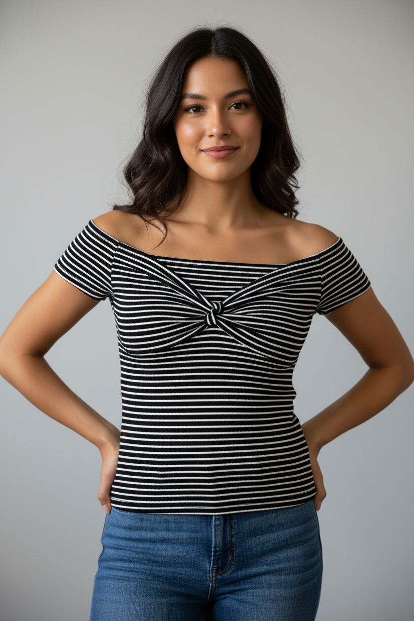 Top rayas bardot con modelo