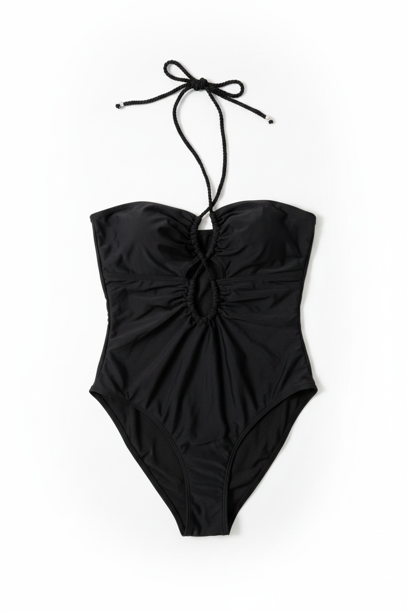 Traje de baño negro flat lay