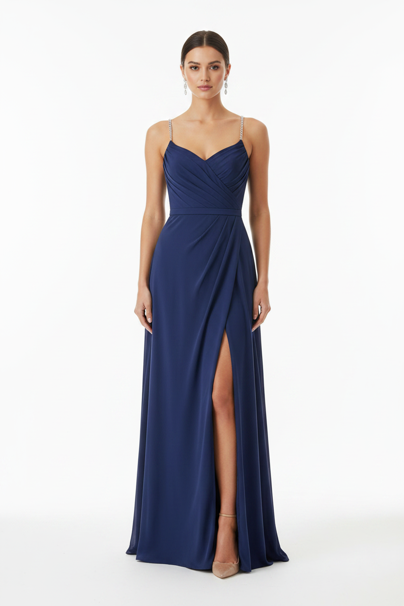 Vestido azul marino tirantes plateados con modelo