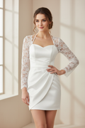 106) Vestido Halter Blanco Mini Talla 1XL con Mangas de Encaje Bordado
