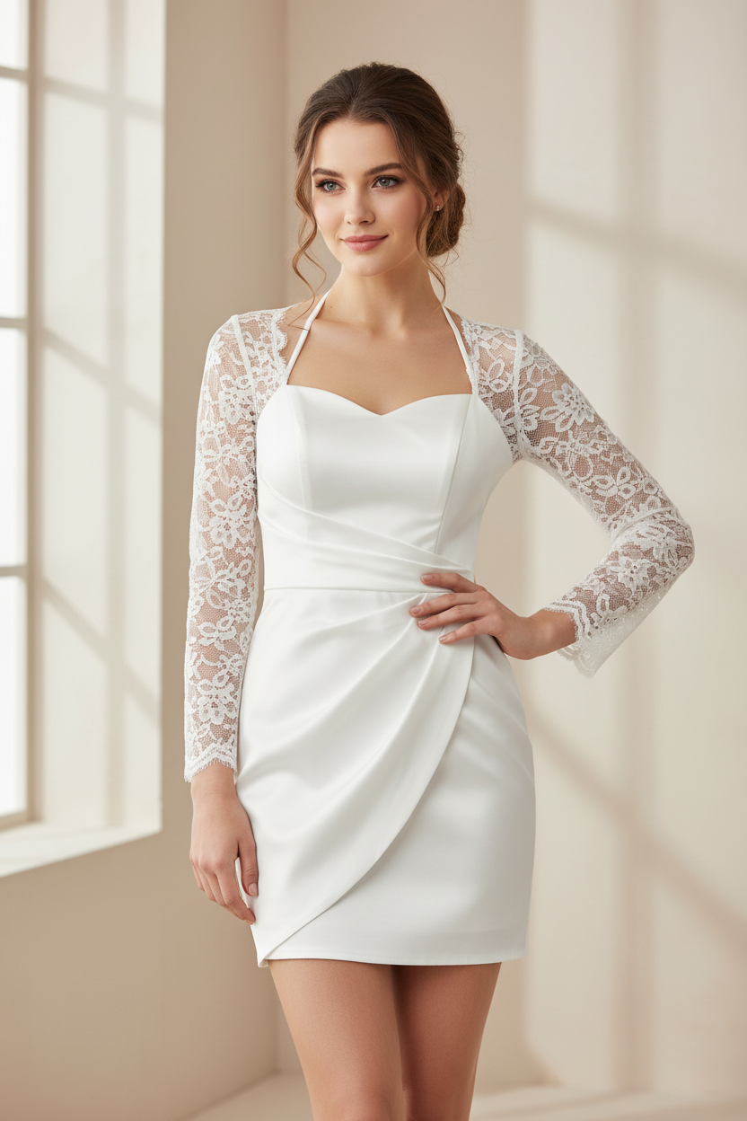 Vestido Halter Blanco Mini Talla 2XL con Mangas de Encaje Bordado