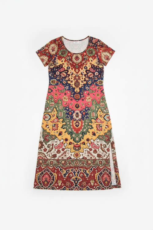 168) Vestido Midi Estampado Persa Boho con Abertura — Talla L