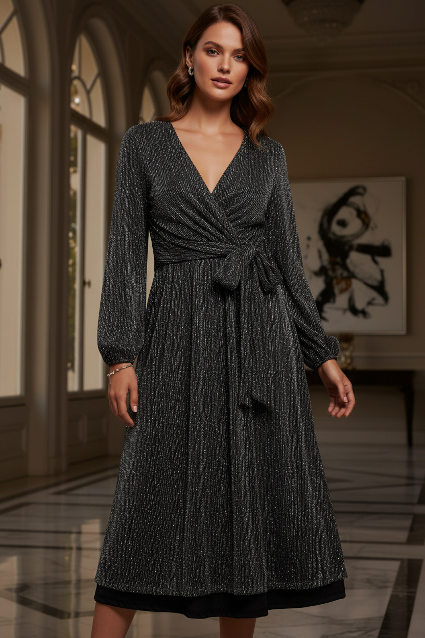 Vestido Midi Manga Larga Brillante con Lazo | Talla 3XL
