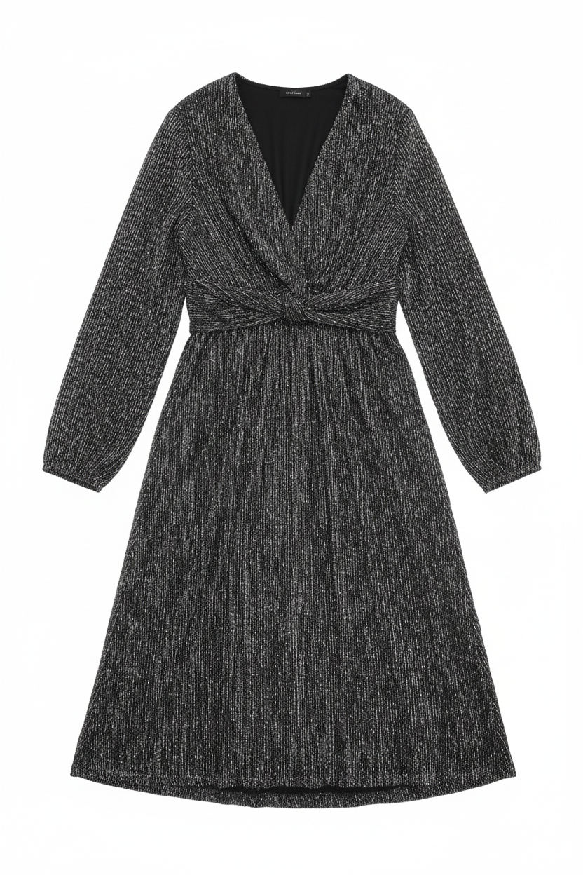 Vestido Midi Manga Larga Brillante con Lazo | Talla 3XL