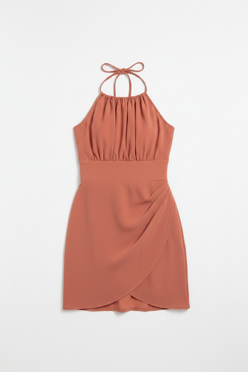 Talla L — Vestido Mini Halter Terracota con Falda Cruzada y Escote Anudado